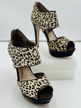 BCBGeneration Leopard Cow-Hair Platform Peep Toe D'Orsay 4.5" Heels Sz 6B
